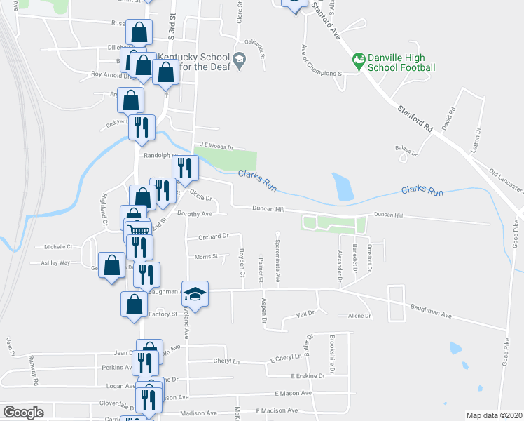 map of restaurants, bars, coffee shops, grocery stores, and more near 290 Duncan Hill in Danville