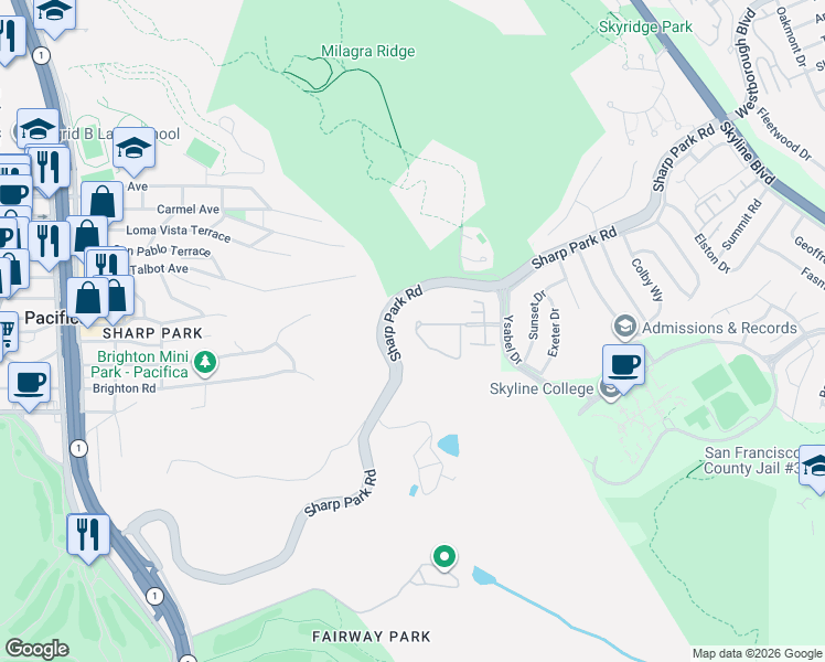 map of restaurants, bars, coffee shops, grocery stores, and more near 61 Outlook Circle in Pacifica