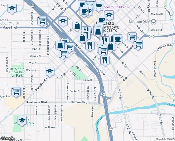 map of restaurants, bars, coffee shops, grocery stores, and more near 514 4th Street in Modesto