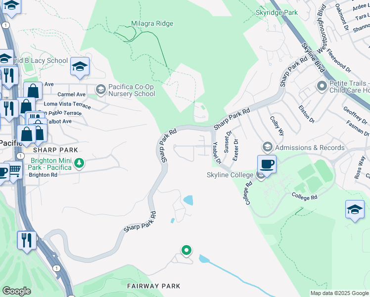 map of restaurants, bars, coffee shops, grocery stores, and more near 102 Outlook Circle in Pacifica