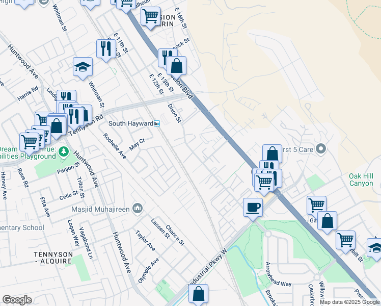 map of restaurants, bars, coffee shops, grocery stores, and more near 29163 Dixon Street in Hayward