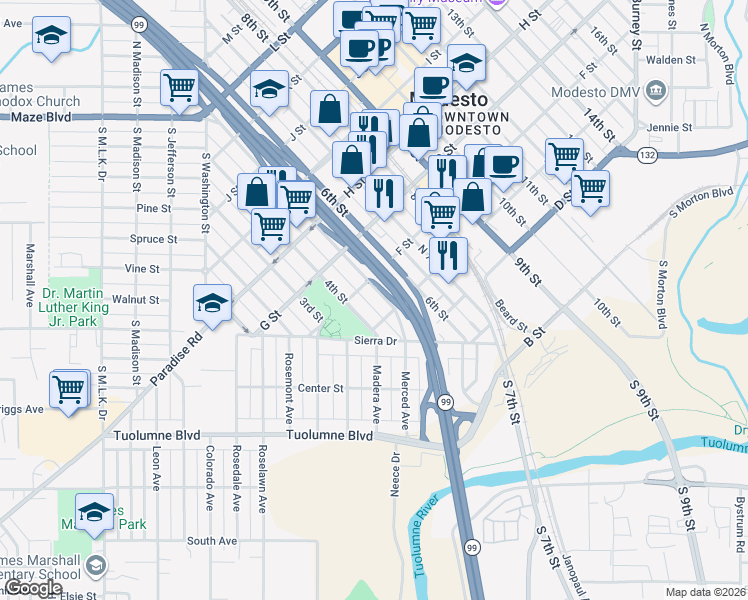 map of restaurants, bars, coffee shops, grocery stores, and more near 514 4th Street in Modesto
