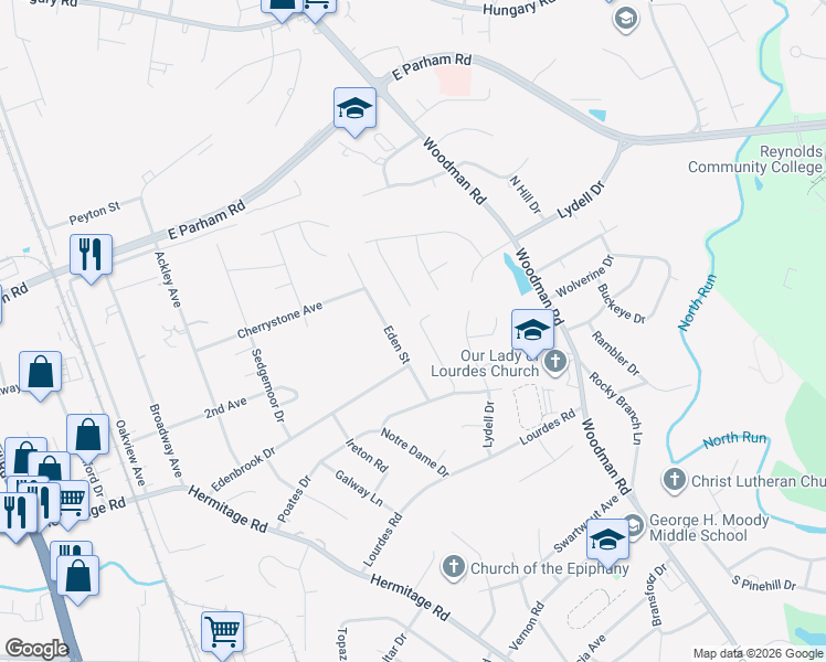 map of restaurants, bars, coffee shops, grocery stores, and more near 8315 Eden Street in Richmond