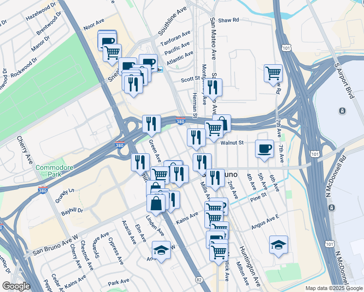 map of restaurants, bars, coffee shops, grocery stores, and more near 917 Mills Avenue in San Bruno