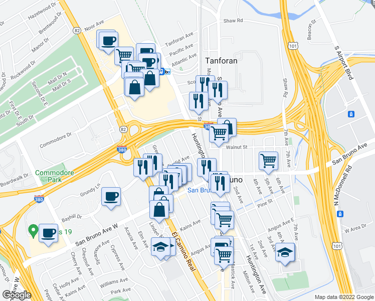 map of restaurants, bars, coffee shops, grocery stores, and more near 917 Mills Avenue in San Bruno