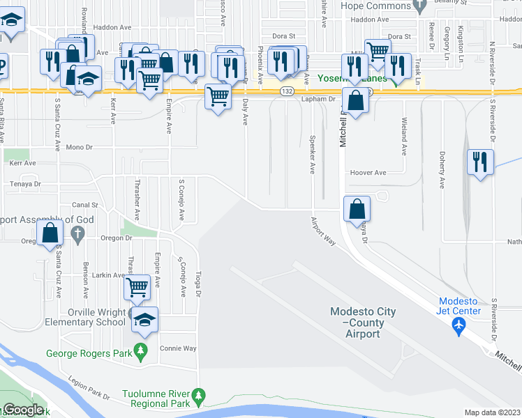 map of restaurants, bars, coffee shops, grocery stores, and more near 2061 Tenaya Drive in Modesto