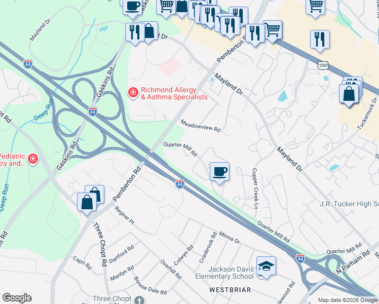 map of restaurants, bars, coffee shops, grocery stores, and more near 3112 Wallaby Trce in Henrico