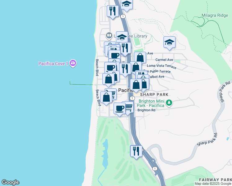 map of restaurants, bars, coffee shops, grocery stores, and more near 122 Hilton Lane in Pacifica