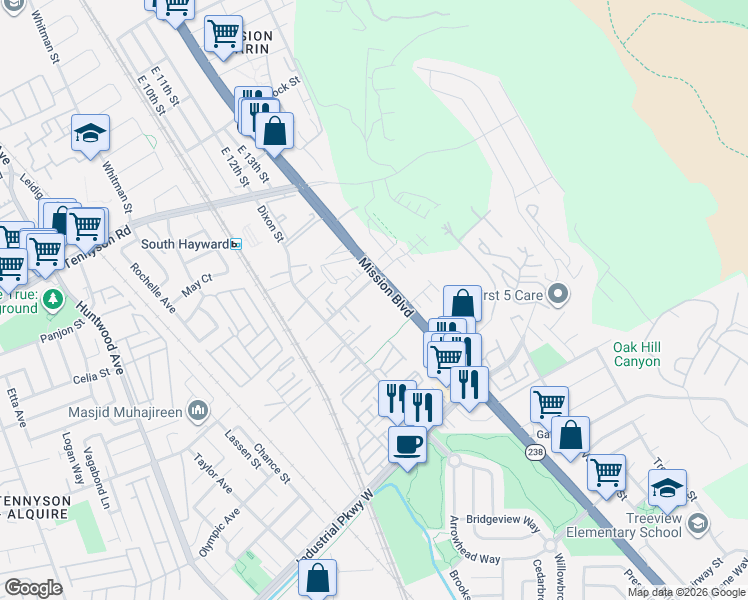 map of restaurants, bars, coffee shops, grocery stores, and more near 29268 Hub Lane in Hayward