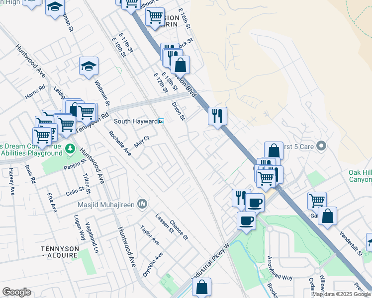 map of restaurants, bars, coffee shops, grocery stores, and more near 29061 Dixon Street in Hayward