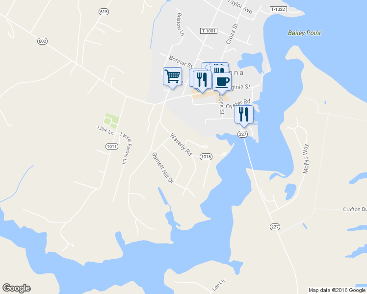 map of restaurants, bars, coffee shops, grocery stores, and more near Waverly Road in Urbanna