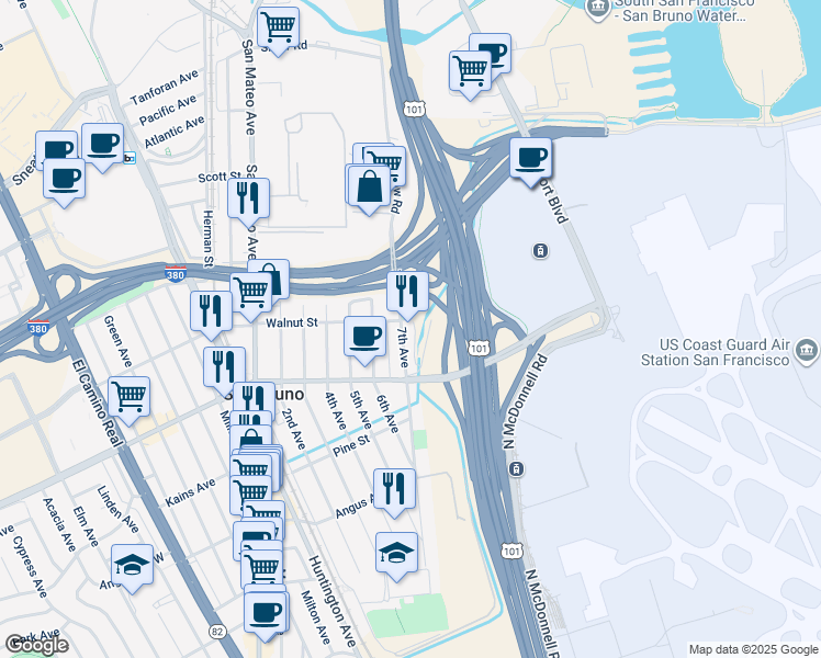 map of restaurants, bars, coffee shops, grocery stores, and more near 857 7th Avenue in San Bruno