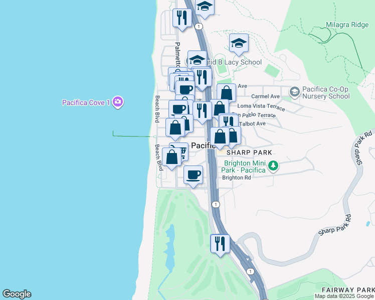 map of restaurants, bars, coffee shops, grocery stores, and more near 127 Hilton Way in Pacifica