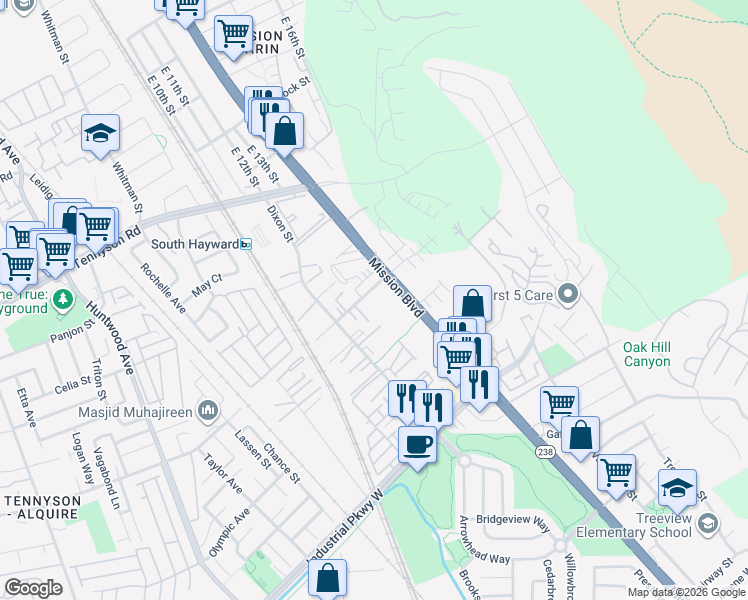 map of restaurants, bars, coffee shops, grocery stores, and more near 29259 Hub Court in Hayward