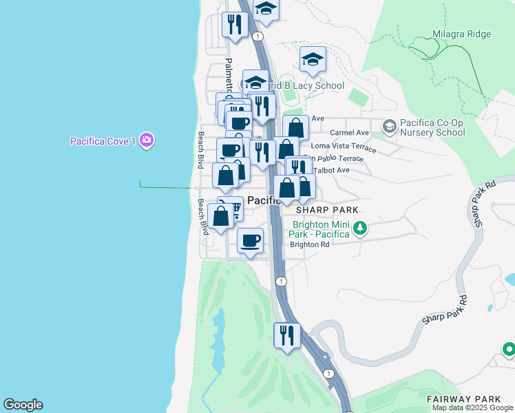 map of restaurants, bars, coffee shops, grocery stores, and more near 2240 Francisco Boulevard in Pacifica