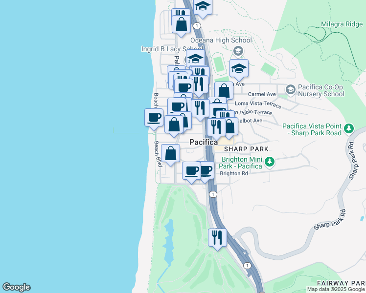 map of restaurants, bars, coffee shops, grocery stores, and more near 122 Hilton Lane in Pacifica