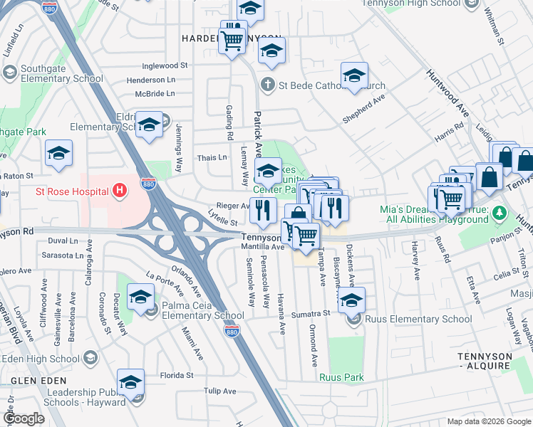 map of restaurants, bars, coffee shops, grocery stores, and more near 27426 Patrick Avenue in Hayward