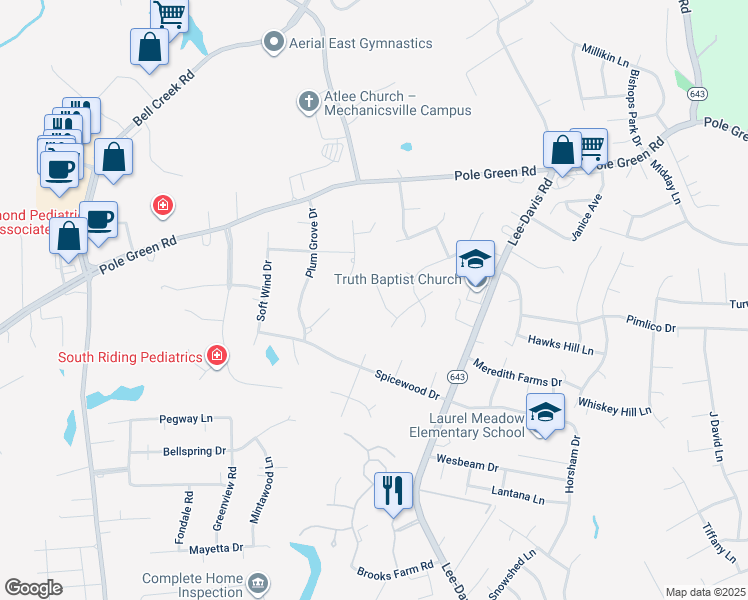 map of restaurants, bars, coffee shops, grocery stores, and more near 8313 Mendenhall Place in Mechanicsville