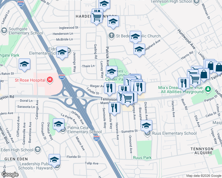 map of restaurants, bars, coffee shops, grocery stores, and more near 27426 Patrick Avenue in Hayward