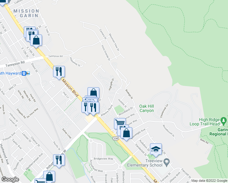 map of restaurants, bars, coffee shops, grocery stores, and more near 675 Alquire Parkway in Hayward
