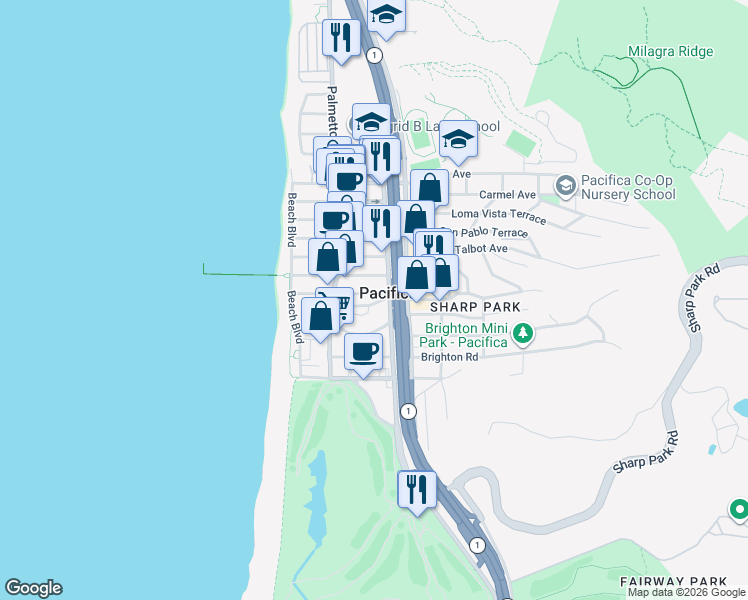 map of restaurants, bars, coffee shops, grocery stores, and more near 178 Montecito Avenue in Pacifica