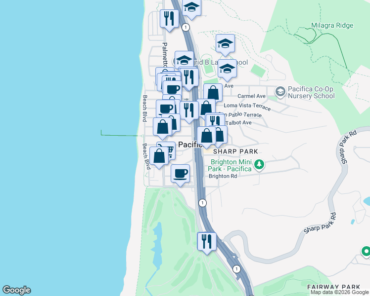 map of restaurants, bars, coffee shops, grocery stores, and more near 178 Montecito Avenue in Pacifica
