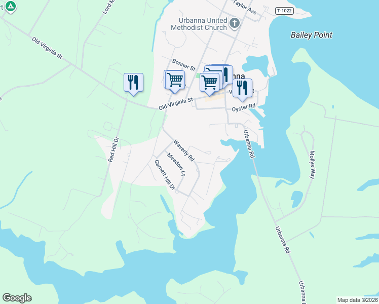 map of restaurants, bars, coffee shops, grocery stores, and more near 294 Waverly Road in Urbanna