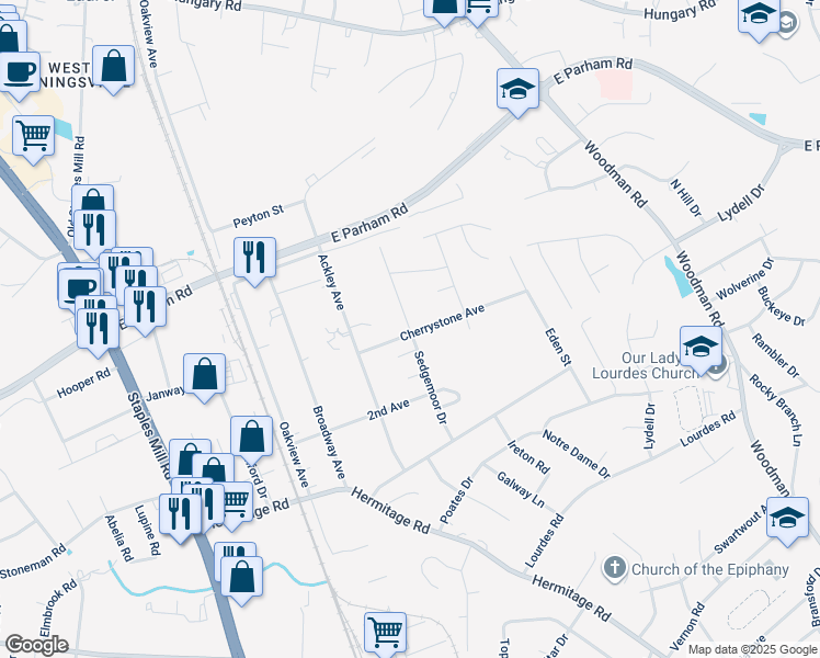 map of restaurants, bars, coffee shops, grocery stores, and more near 8601 Sedgemoor Drive in Henrico