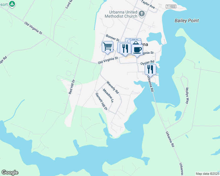 map of restaurants, bars, coffee shops, grocery stores, and more near 238 Waverly Road in Urbanna