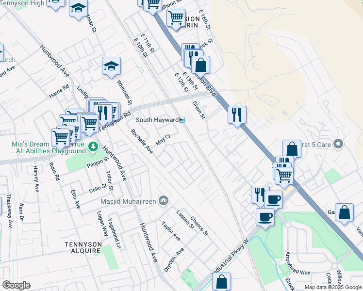 map of restaurants, bars, coffee shops, grocery stores, and more near 29104 Mendez Road in Hayward
