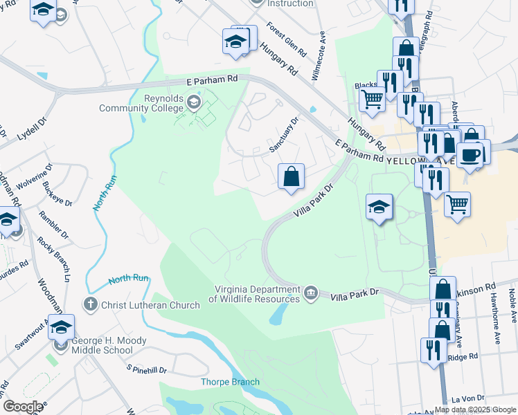 map of restaurants, bars, coffee shops, grocery stores, and more near 8040 Villa Park Drive in Richmond
