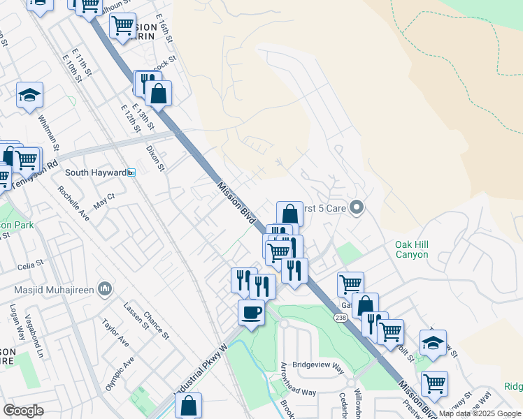 map of restaurants, bars, coffee shops, grocery stores, and more near 583 Delve Court in Hayward
