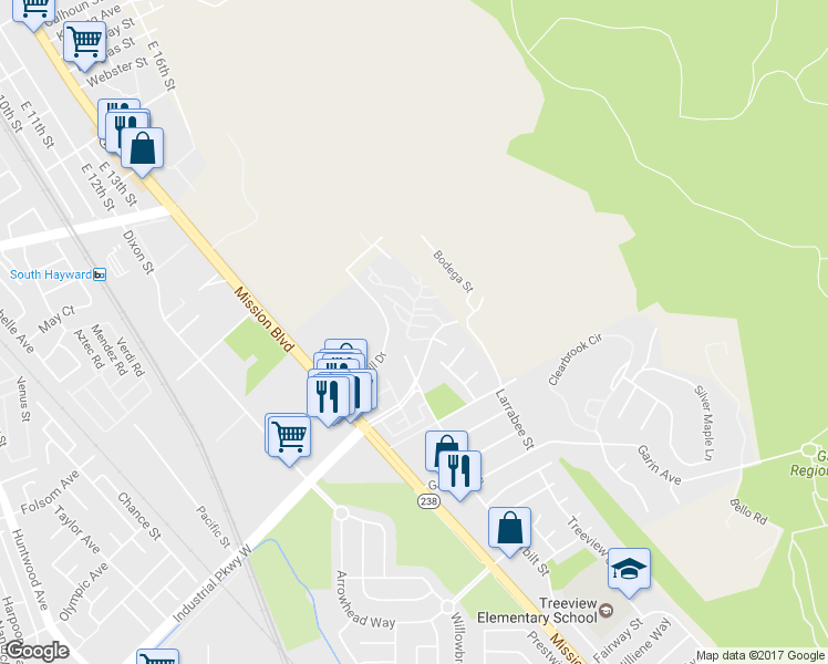 map of restaurants, bars, coffee shops, grocery stores, and more near 675 Alquire Parkway in Hayward