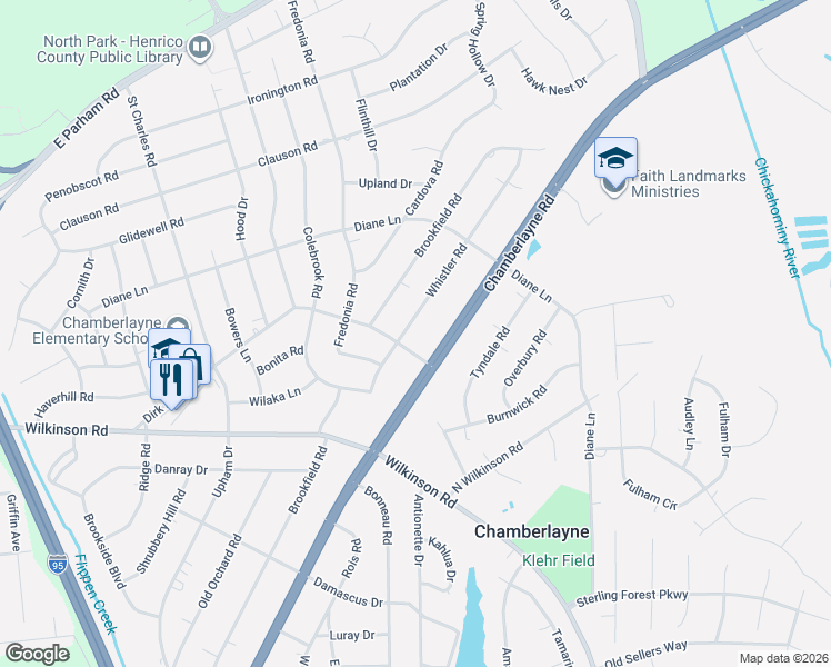 map of restaurants, bars, coffee shops, grocery stores, and more near 8200 Chamberlayne Road in Richmond