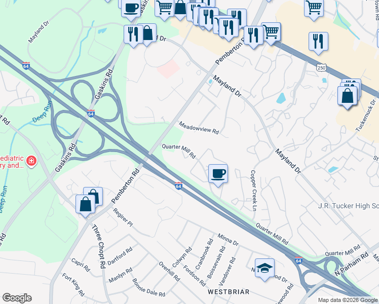 map of restaurants, bars, coffee shops, grocery stores, and more near 3106 Wallaby Trce in Richmond