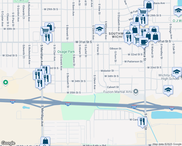 map of restaurants, bars, coffee shops, grocery stores, and more near 3443 South Glenn Avenue in Wichita