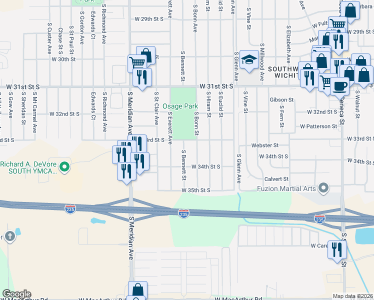 map of restaurants, bars, coffee shops, grocery stores, and more near 3445 Bennett Street in Wichita