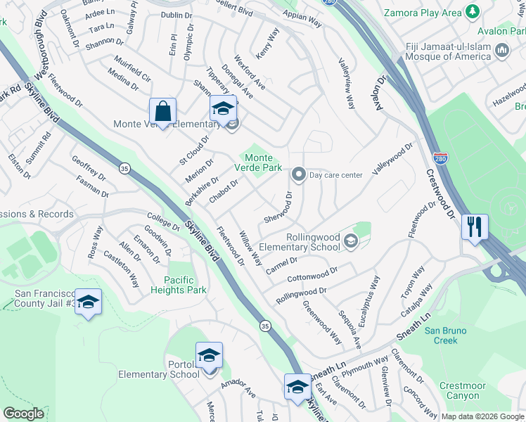 map of restaurants, bars, coffee shops, grocery stores, and more near 2761 Sherwood Drive in San Bruno