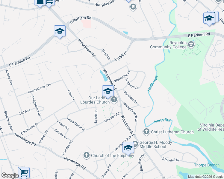 map of restaurants, bars, coffee shops, grocery stores, and more near 8290 Woodman Road in Henrico