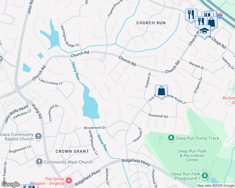 map of restaurants, bars, coffee shops, grocery stores, and more near 2320 Crickhollow Court in Richmond