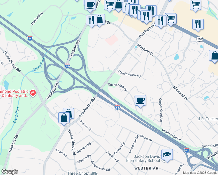 map of restaurants, bars, coffee shops, grocery stores, and more near 3212 Matilda Cove in Richmond