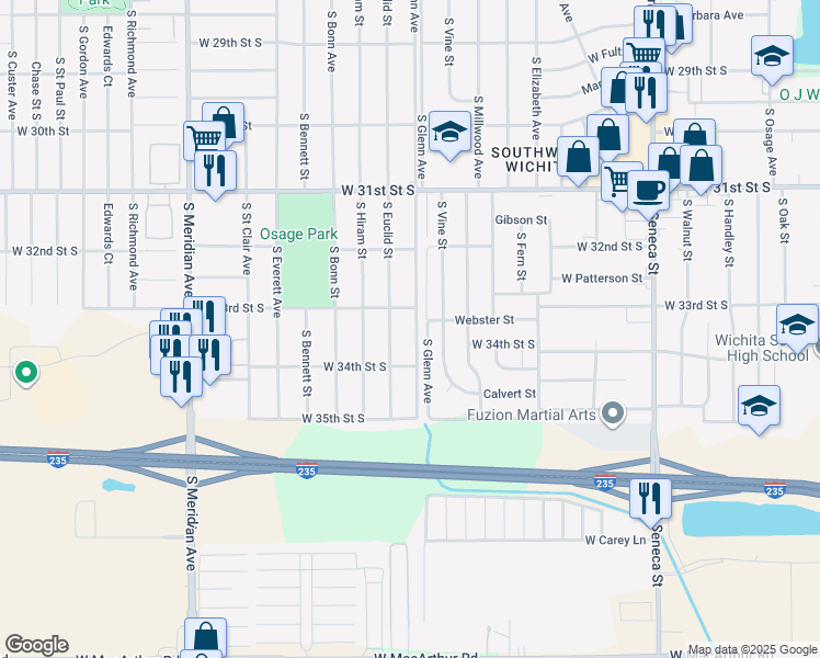 map of restaurants, bars, coffee shops, grocery stores, and more near 3443 South Glenn Avenue in Wichita