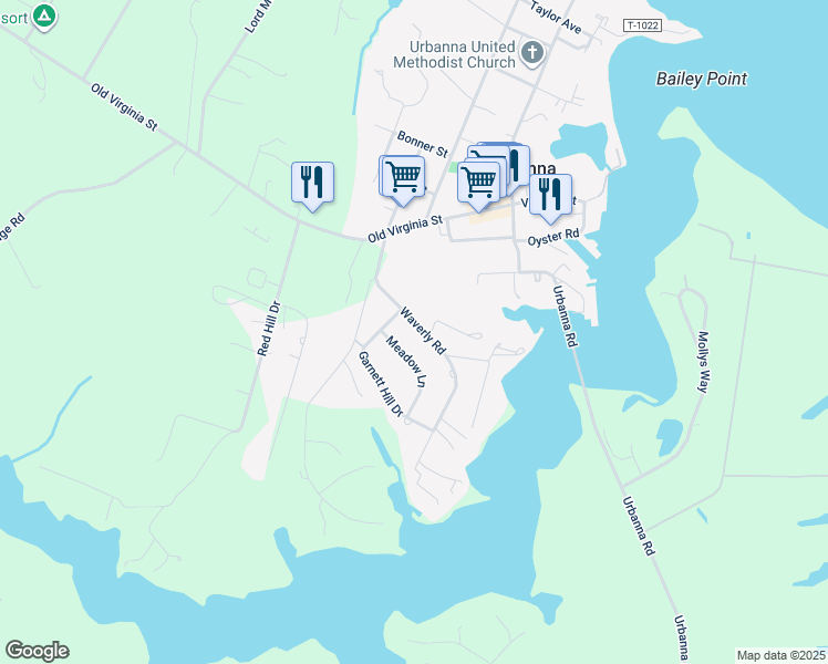 map of restaurants, bars, coffee shops, grocery stores, and more near 238 Waverly Road in Urbanna