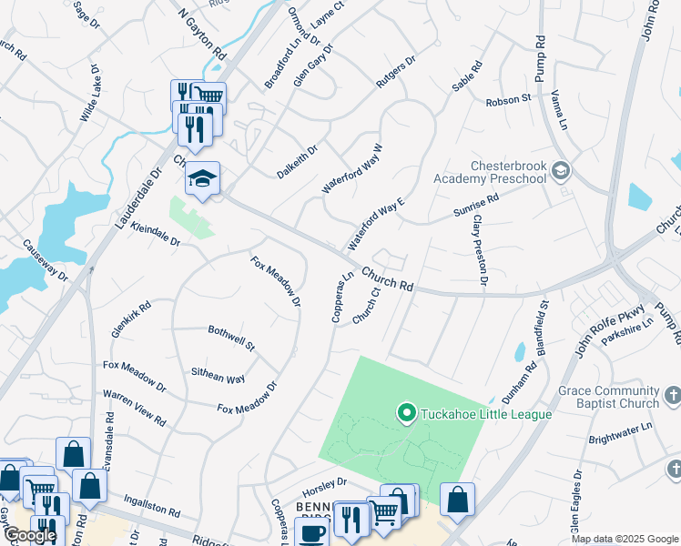 map of restaurants, bars, coffee shops, grocery stores, and more near 12934 Copperas Lane in Richmond