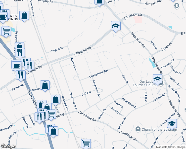 map of restaurants, bars, coffee shops, grocery stores, and more near 8601 Sedgemoor Drive in Henrico