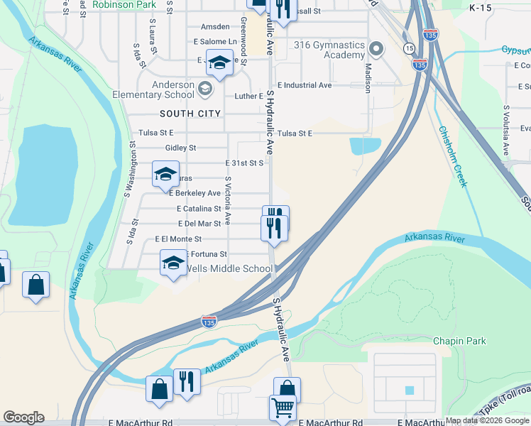 map of restaurants, bars, coffee shops, grocery stores, and more near 3350 S Hydraulic St in Wichita