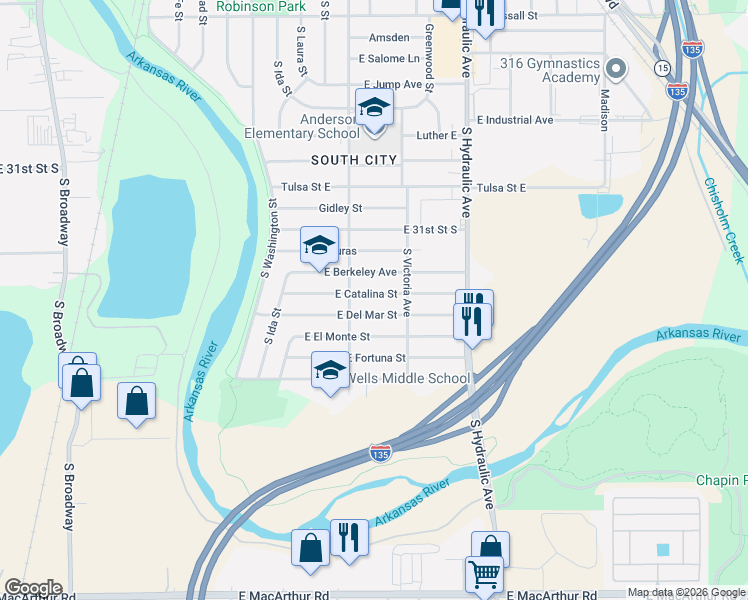 map of restaurants, bars, coffee shops, grocery stores, and more near 1315 E Del Mar St in Wichita