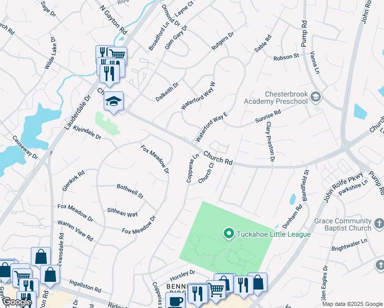 map of restaurants, bars, coffee shops, grocery stores, and more near 12934 Copperas Lane in Richmond