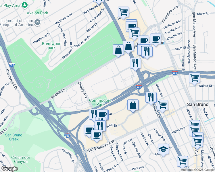 map of restaurants, bars, coffee shops, grocery stores, and more near 1000 Commodore Drive in San Bruno