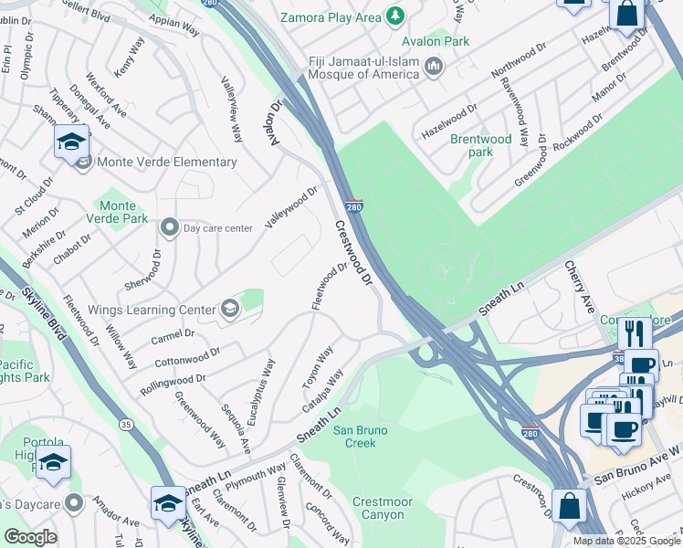 map of restaurants, bars, coffee shops, grocery stores, and more near 1511 Crestwood Drive in San Bruno
